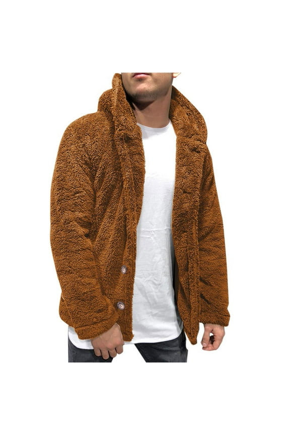 Men's Fuzzy Sherpa Hooded Jacket Casual Long Sleeve Coat for Men Winter Solid Color Outerwear Coffee M