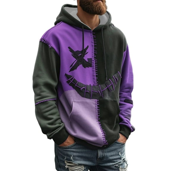 Atogsazn Men's Halloween Hoodies Casual Fleece Loose Pullover Spooky Sweatshirt Relaxed Fit Fall Clothing Outfit Tops Purple XXXL Fashion