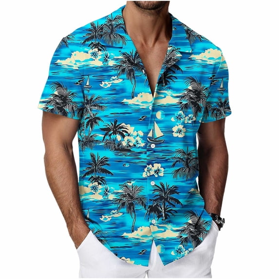 Atogsazn Men's Hawaiian Shirt Casual Summer Short Sleeve Button Down Shirts Beach Outfit Tops for Men Sky Blue M Fashion
