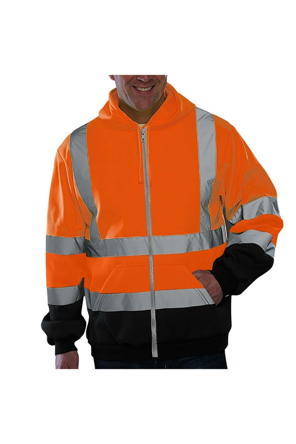 Men's High Visibility Reflective Sweatshirts Full Zipper Long Sleeve Hoodies Casual Oversized Sweatshirt A-Orange XXL