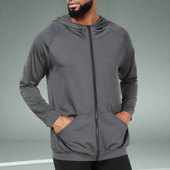 Atogsazn Men's Hiking Jacket Full Zipper Workout Fishing Shirts Long Sleeve Hoodie for Men with Pocket Gray L