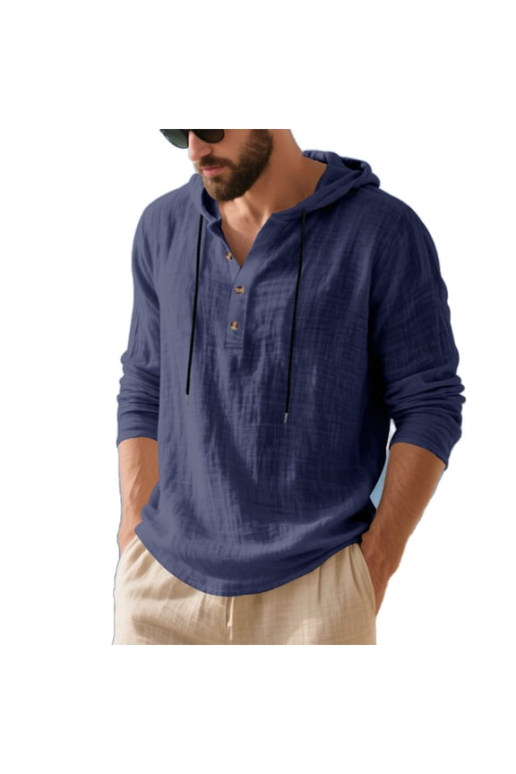 Men's Linen Hoodies Casual Button Long Sleeve Hoodie Shirt Pullover Tops Clothes with Drawstring Navy M Fashion