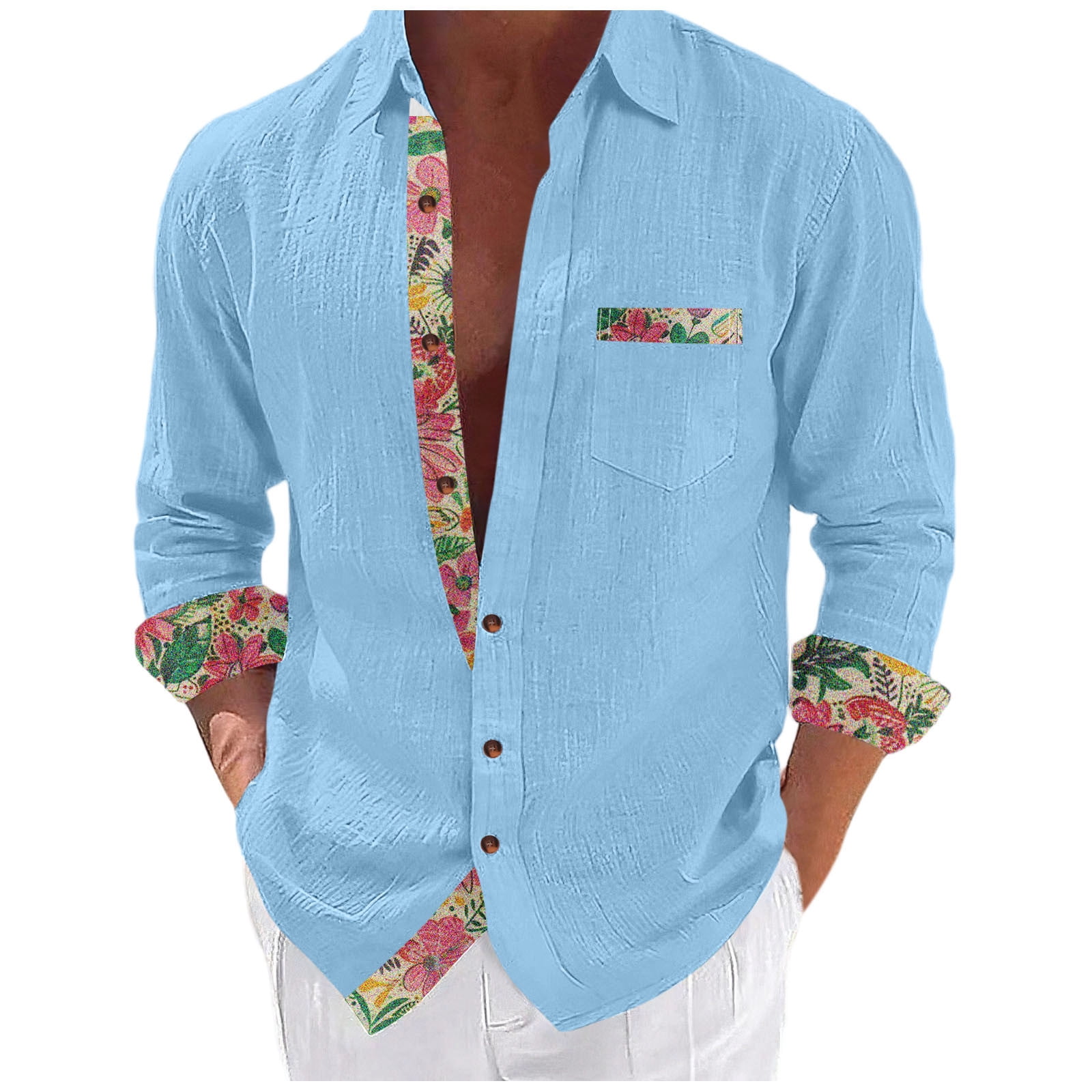 Atogsazn Men's Linen Shirts Casual Button 3/4 Sleeve Shirt Floral ...