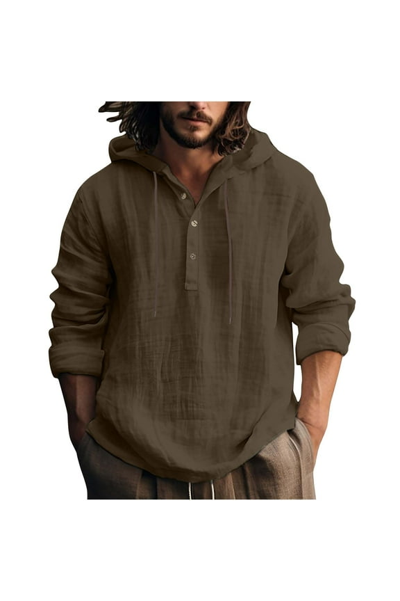 Men's Linen Sweatshirt Casual Button Long Sleeve Pullover Hoodies Solid Color Loose Sweatshirts Coffee L