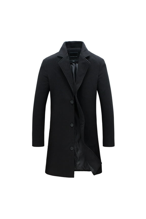 Men's Long Wool Coat Casual Long Sleeve Single Breasted Overcoat Winter Warm Clothes Fashion Black L