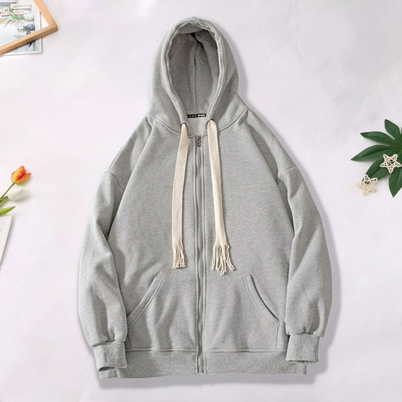 Atogsazn Men's Oversized Hoodies Full Zipper Long Sleeve Sweatshirt Cardigan Drawstring Clothes Outfit Fall Winter Gray S