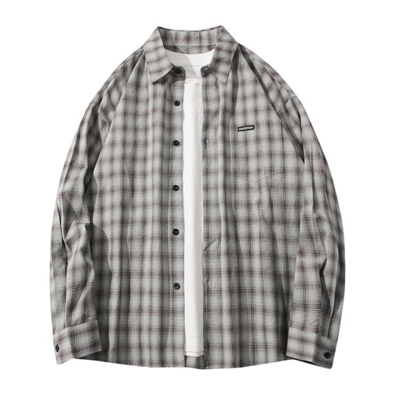 Atogsazn Men's Oversized Plaid Shirts Casual Loose Button Down Shirt Long Sleeve Tops Outfit Dressy Coat Gray XL