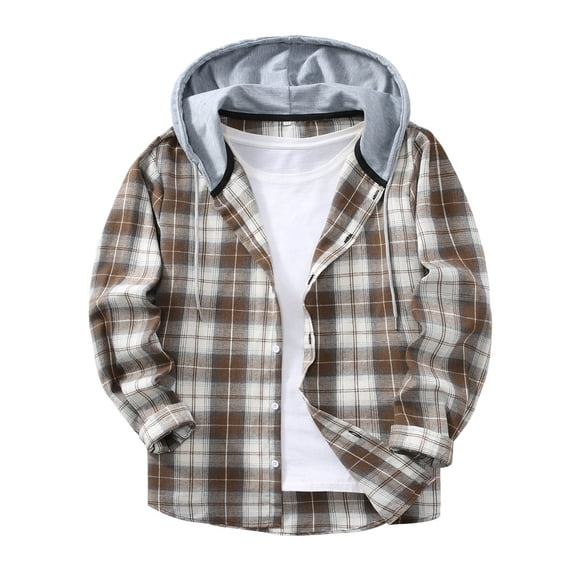 Atogsazn Men's Plaid Shirt Casual Button Long Sleeve Hoodie Jacket Lightweight Tops Coat Outerwear Clothing Brown M Fashion