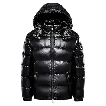 Atogsazn Men's Puffer Jacket Casual Long Sleeve Zipper Hooded Jacket Warm Loose Solid Color Coat Black XXL on Clearance