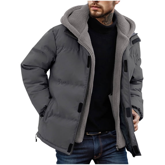 Atogsazn Men's Puffer Jackets Plush Full Zipper Hoodie Double Layer Coat Windbreaker Jacket Waterproof Tops Winter Gray L