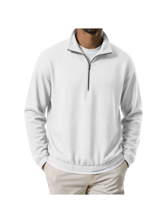 Men's Quarter Zip Sweatshirt Casual Long Sleeve Pullover Sweater Loose Fit Tops Outerwear White S Fashion