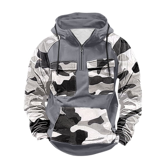 Atogsazn Men's Sherpa Lined Camouflage Hoodie 1/4 Zip Long Sleeve Pullover Hooded Sweatshirt Winter Warm Tops with Pocket 07-Gray XXXL Fashion