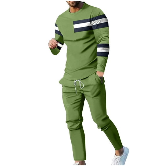 Atogsazn Men's Slim Tracksuits Casual Colorblock Pullover Long Sleeve Sweatshirts and Pants Outfits Clothing 01-Green XXL