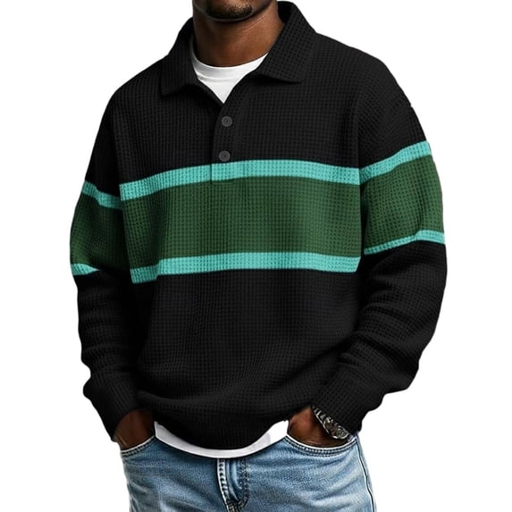 Atogsazn Men's Striped Button Down Sweatshirt Casual Waffle Collared Long Sleeve Pullover Sweater Fall Winter Tops Green S Fashion