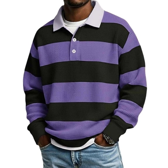 Atogsazn Men's Striped Button Down Sweatshirt Casual Waffle Collared Long Sleeve Pullover Sweater Fall Winter Tops Purple XXL Fashion