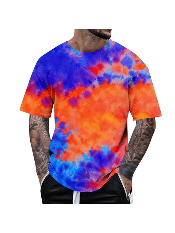 Men's Summer Short Sleeve T-shirt Casual Tie-Dye Short Sleeve Loose Fit Shirts Tunic Tops Outfit Blue XL Fashion