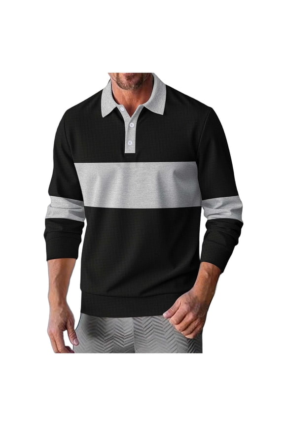 Men's Waffle Striped Sweatshirt Casual Button Up Long Sleeve Shirts Jogger Athletic Tops Blouse Black XXXL Fashion