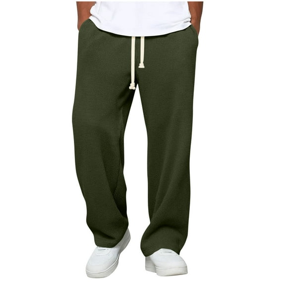 Atogsazn Men's Waffle Sweatpant Casual Loose Fit Elastic Waist Pant Jogger Gym Wide Leg Pant Trouser with Pocket Army Green L Fashion