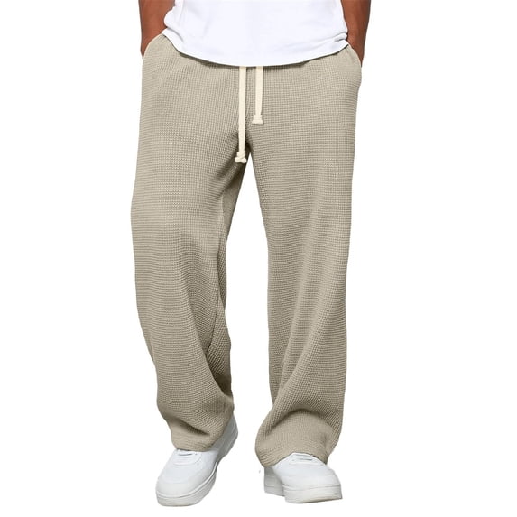 Atogsazn Men's Waffle Sweatpant Casual Loose Fit Elastic Waist Pant Jogger Gym Wide Leg Pant Trouser with Pocket Khaki XL Fashion