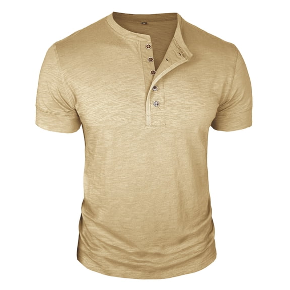 Atogsazn Mens Button Up Tshirt Casual Short Sleeve Pullover Shirt Summer V Neck Blouse T-shirt Top Clothing Khaki S Fashion