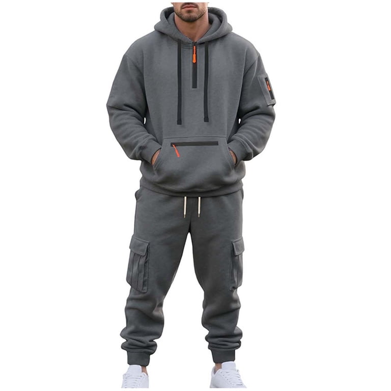 Atogsazn Mens Cargo Sweatsuit Quarter Zip Hoodie Sweatpant Outfit