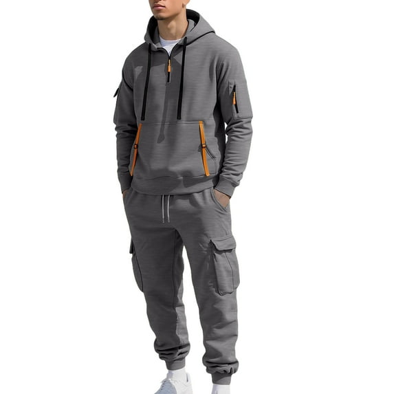 Atogsazn Mens Cargo Sweatsuit Quarter Zip Hoodie Sweatpant Outfit Tactical Set Jogger Fall Clothing 02-Dark Gray L Fashion