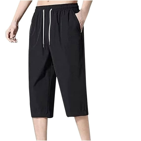 Atogsazn Mens Casual Capris Summer Elastic Waist Athletic Cropped Pants Solid Color Drawstring Shorts Black M on Clearance