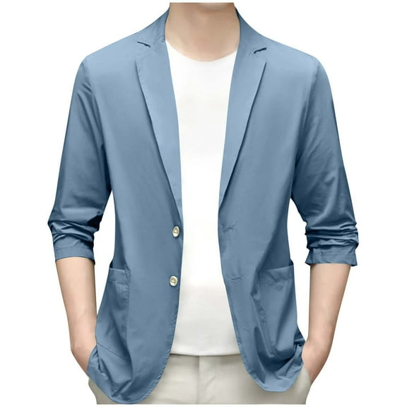 Atogsazn Mens Casual Jacket Lightweight Button 3/4 Sleeve Jackets with Pocket Workout Coat Light Blue XXXL Fashion