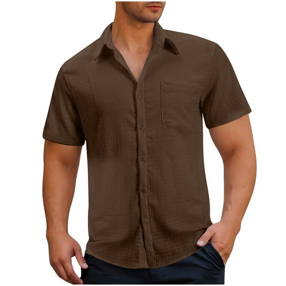 Atogsazn Mens Casual Short Sleeve Shirts Summer Beach Shirt Button Down Textured Shirts Vacation Hawaiian Shirts 01-Brown M