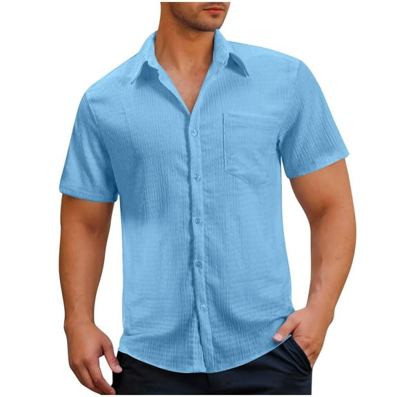 Atogsazn Mens Casual Short Sleeve Shirts Summer Beach Shirt Button Down Textured Shirts Vacation Hawaiian Shirts 01-Light Blue XXXL