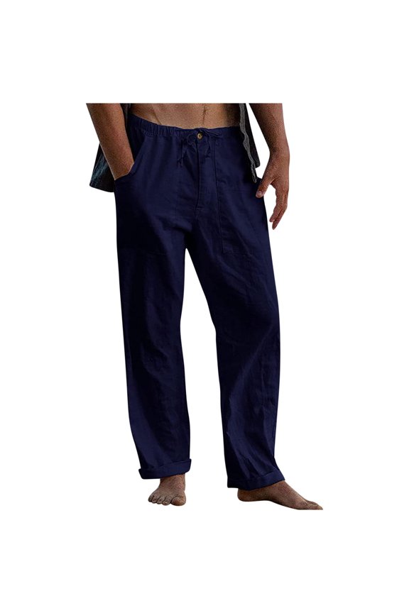 Mens Cotton Linen Pants Casual Elastic Wasit Drawstring Pants Loose Solid Color Wide Leg Pants Dark Blue XL