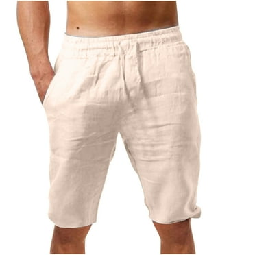 Atogsazn Mens Cotton Linen Shorts Casual Elastic Waist Bermuda Shorts Solid Color Straight Leg Short Pants Khaki M on Clearance