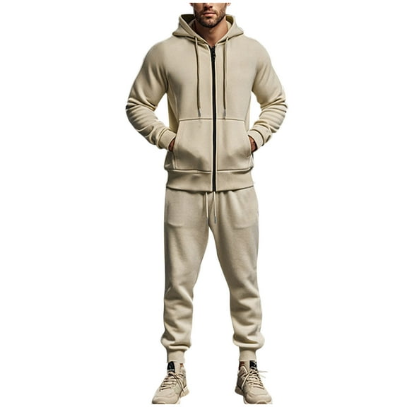 Atogsazn Mens Fall Track Suit Full Zip Hooded Sweatshirt Sweatpant Sets Sweatsuit Jogger Running Outfit Clothing 02-Khaki XXXL Fashion
