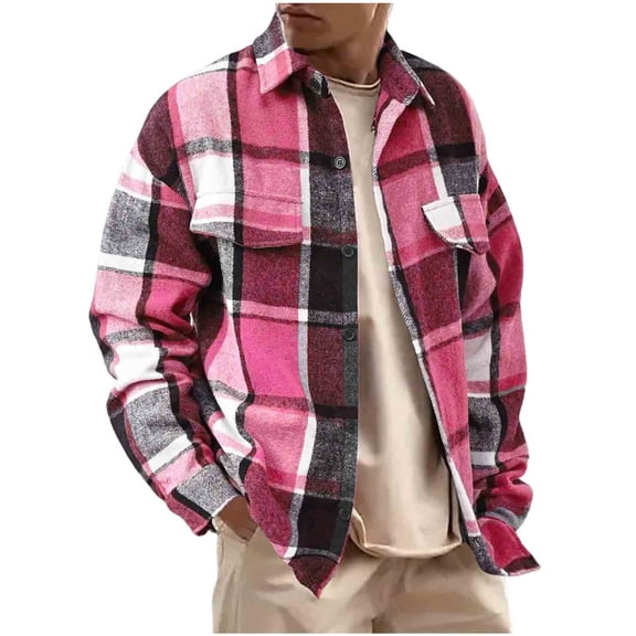 Atogsazn Mens Flannel Plaid Shirt Casual Button Down Long Sleeve Jacket Fleece Shacket Coat with Pocket Outfit Hot Pink L Fashion