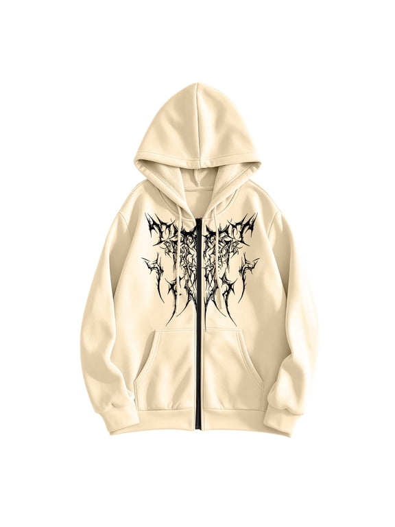 Mens Full Zip Hooded Sweatshirt Gothic Print Long Sleeve Hoodies Fleece Fall Winter Tops Outerwear with Pocket Beige L Fashion
