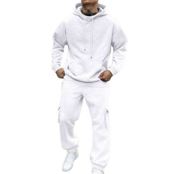 Atogsazn Mens Jogger Sweatsuit Oversized Pullover Hoodie Cargo Sweatpant Tracksuit Fleece Fall Clothes Set with Pocket White L Fashion