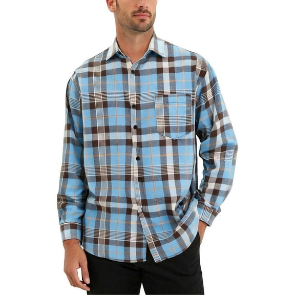 Atogsazn Mens Plaid Shirts Casual Button Down Long Sleeve Shirt Jacket Tops with Pocket Spring Fall Light Blue XXXXL