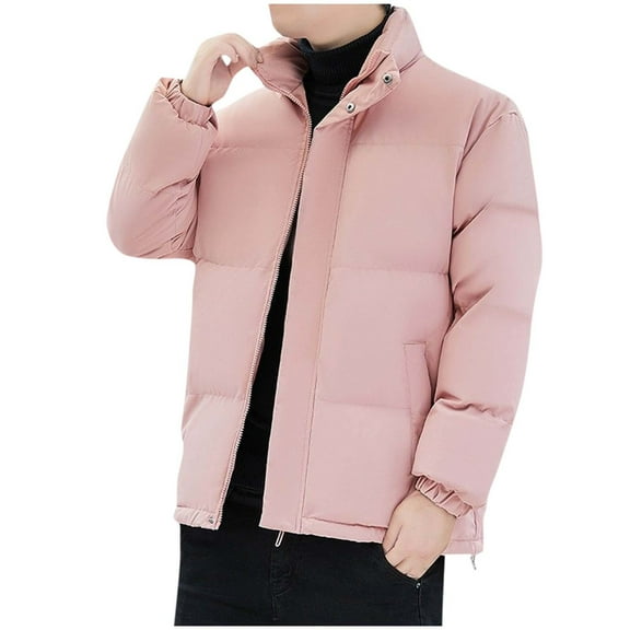 Atogsazn Mens Puffer Jacket Casual Zip Up Long Sleeve Jackets Windproof Full Zipper Outerwear Fall Winter Coat Pink XXL Fashion