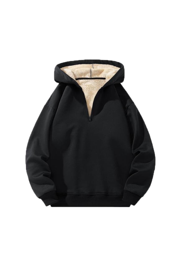 Mens Sherpa Hoodie Half Zip Fleece Long Sleeve Hooded Pullover Sweatshirt Fall Winter Clothes Tops Black XL Fashion