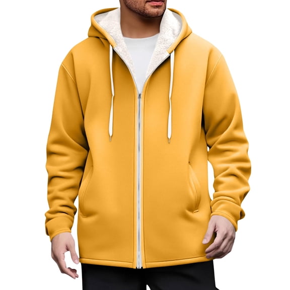 Atogsazn Mens Sherpa Lined Hoodie Casual Fleece Zip Up Long Sleeve Hooded Sweatshirt Winter Tops with Pocket Outerwear Yellow XXL Fashion