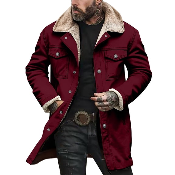 Atogsazn Mens Sherpa Lined Trench Coat Casual Fleece Ling Sleeve Button Jacket Winter Thick Warm Tops Wine XXL Fashion