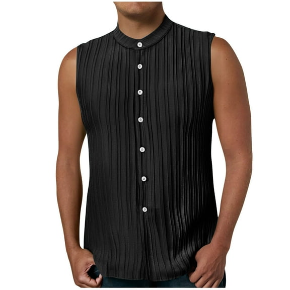 Atogsazn Mens Sleeveless Summer Shirts Casual Beach Tank Tops Button Up Textured Tank Shirt for Vacation 01-Black M