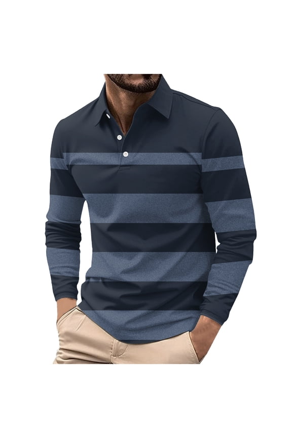 Mens Striped Shirt Casual Button Down Long Sleeve Pullover T-shirt Workout Tops Clothing Sweatshirt Dark Blue L Fashion
