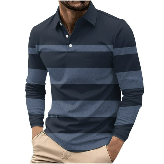 Atogsazn Mens Striped Shirt Casual Button Down Long Sleeve Pullover T-shirt Workout Tops Clothing Sweatshirt Dark Blue L Fashion