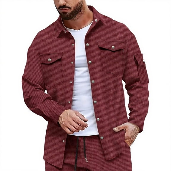 Atogsazn Mens Waffle Shirt Button Down Long Sleeve Jacket Lightweight Shacket Coat Spring Fall Clothing Tops 02-Wine XL Fashion