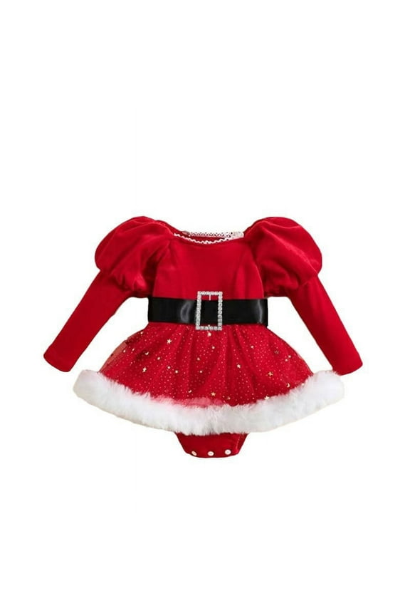 My First Christmas Baby Girl Outfit Newborn Furry Santa Outfit Cute Print Dress Romper Winter Clothes 01-Red 3-6 Months