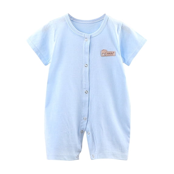 Atogsazn Newborn Baby Boy Clothes Toddler Button Short Sleeve One Piece Cotton Jumpsuit Romper Outfit Spring Light Blue 6-8 Monthes