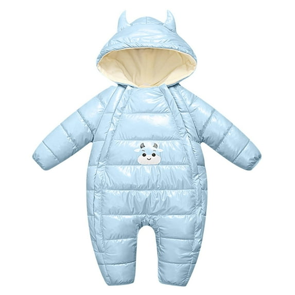 Atogsazn Newborn Baby Boys Fleece Lined Jumpsuit Infant Puffer Zip Up Long Sleeve Hooded Romper Fall Winter Warm Clothes B-Light Blue 0-4 Months on Clearance