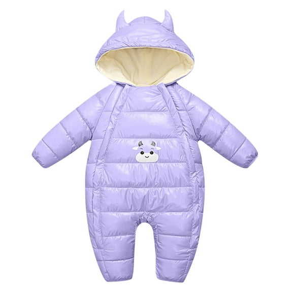 Atogsazn Newborn Baby Boys Fleece Lined Jumpsuit Infant Puffer Zip Up Long Sleeve Hooded Romper Fall Winter Warm Clothes B-Purple 13-18 Months on Clearance