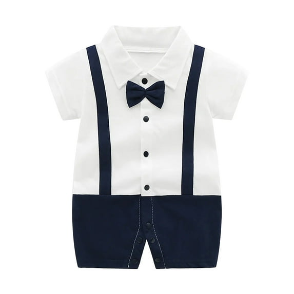 Atogsazn Newborn Baby Boys Gentleman Romper One Piece Short Sleeve Bowtie Outfit Formal Wear Tuxedo Suit 01-Navy 9-12 Months
